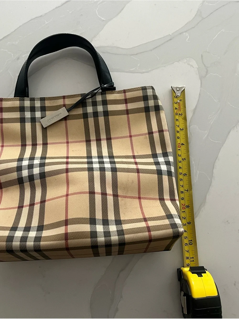 Burberry Beige Check Canvas Tote Bag with Black Handles 10x11.